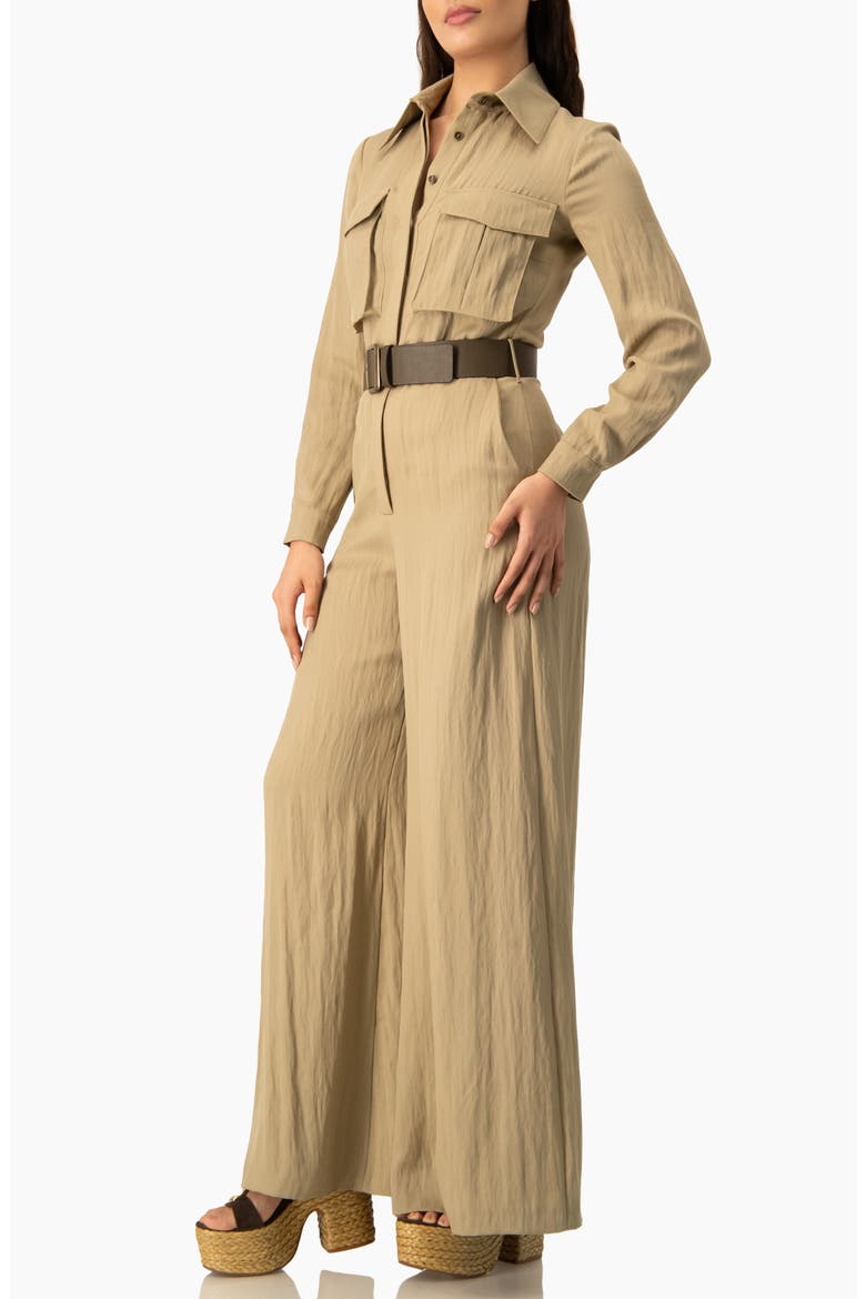 Long Sleeve Button-Front Safari Utility Wide-Leg Jumpsuit, Alternate, color, Olive Green