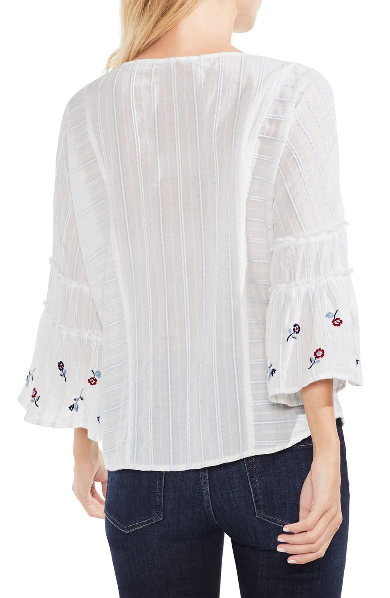 Vince Camuto Ruffle Bell Sleeve Stripe Embroidered Blouse, Alternate, color, 