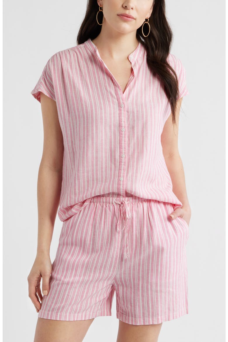 Novelty Stripe Cap Sleeve Button-Up Shirt, Main, color, PINK- IVORY GINGER STRIPE