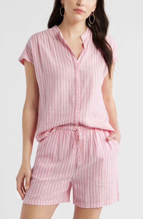 Novelty Stripe Cap Sleeve Button-Up Shirt