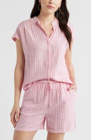 Caslon® Novelty Stripe Cap Sleeve Button-Up Shirt