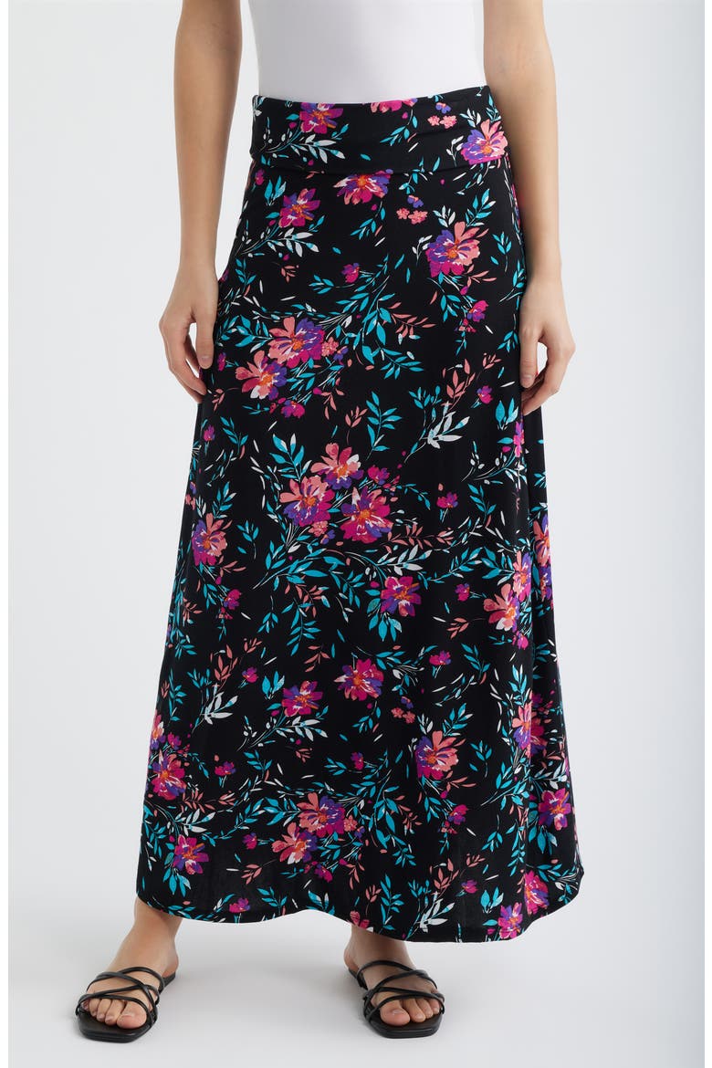 Roll Top Floral Print Maxi Skirt, Main, color, BLACK/ FUCHSIA