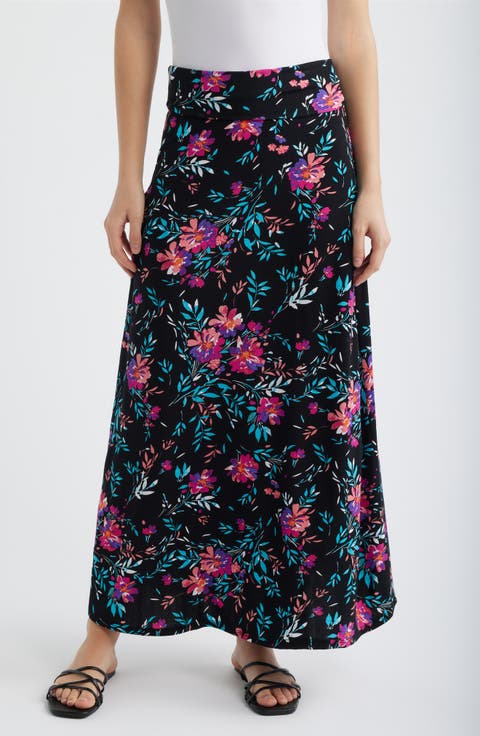 Roll Top Floral Print Maxi Skirt