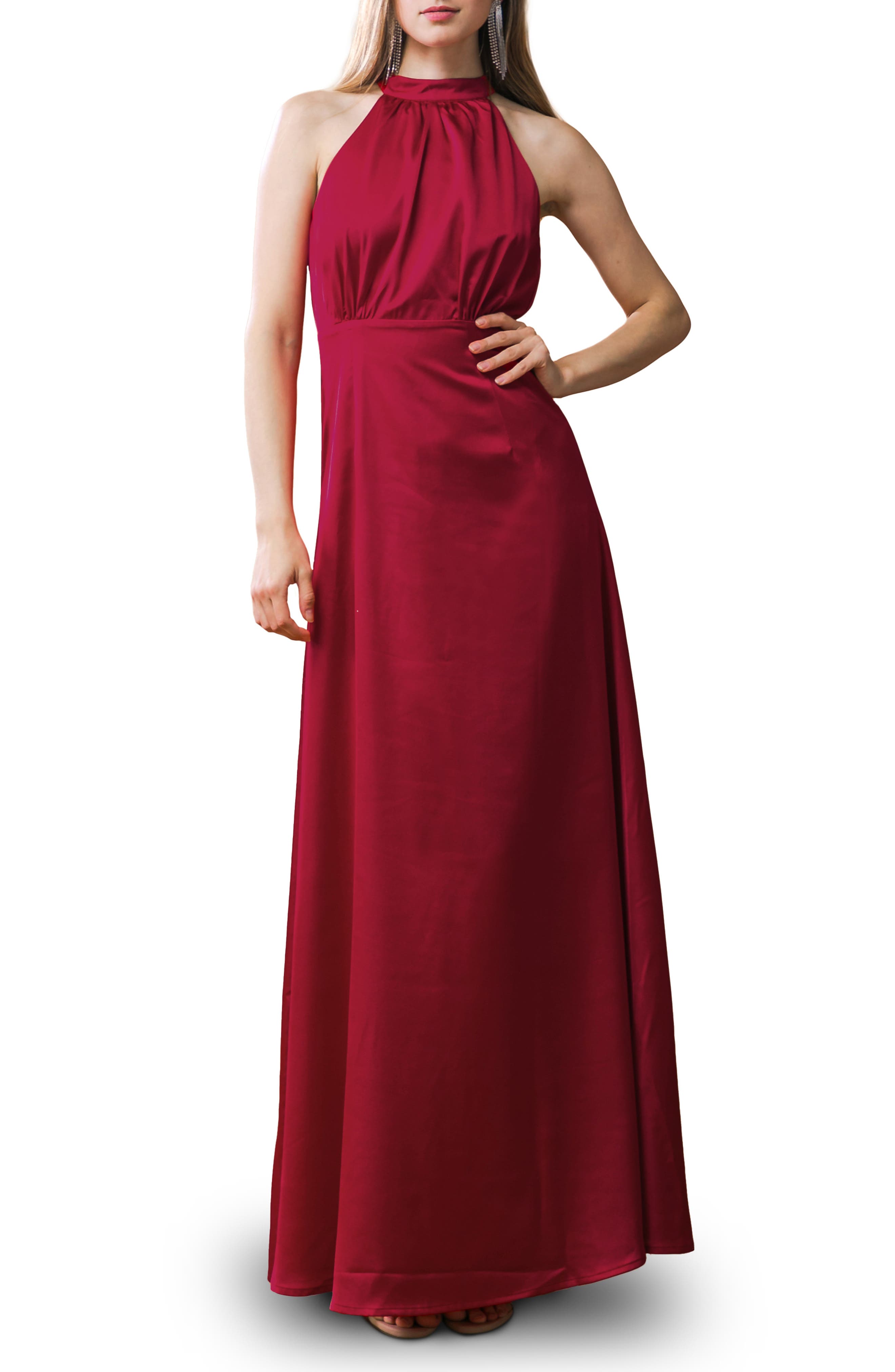FLYING TOMATO Tie Neck Satin Maxi Dress