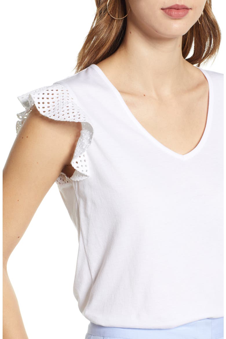 Ruffle Sleeve Cotton Blend Top, Alternate, color, WHITE