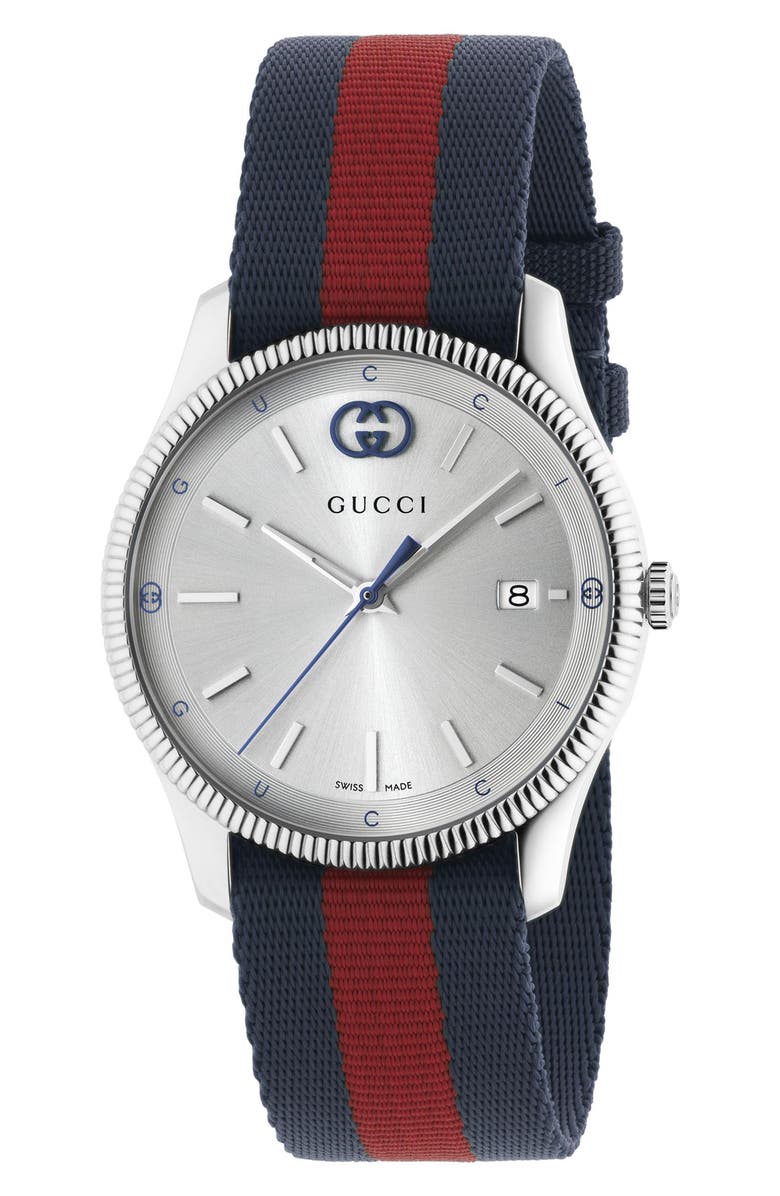 Gucci G-Timeless Nylon Strap Watch, 38mm, Main, color, Silver/Blue