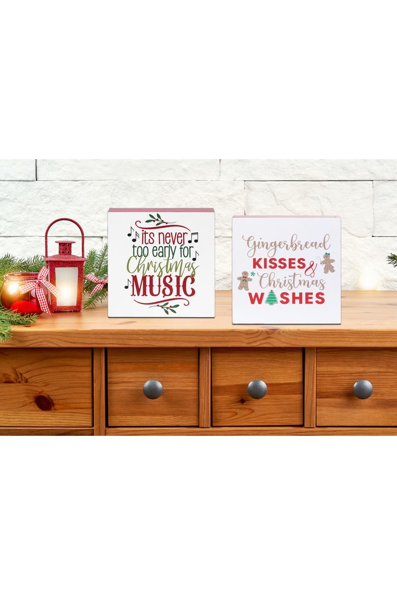 5" Christmas Music & Gingerbread Man Cute Humor Decorative Shelf Sitter Blocks Set of 2, Alternate, color, White