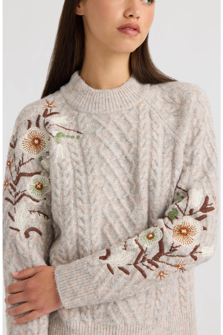 Embroidered Cable Mock Neck Sweater, Alternate, color, LIGHT GREY MELANGE