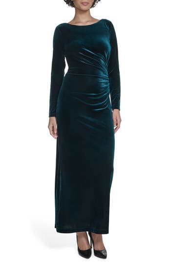 Calvin Klein Long Sleeve Ruched Velvet Gown In Green