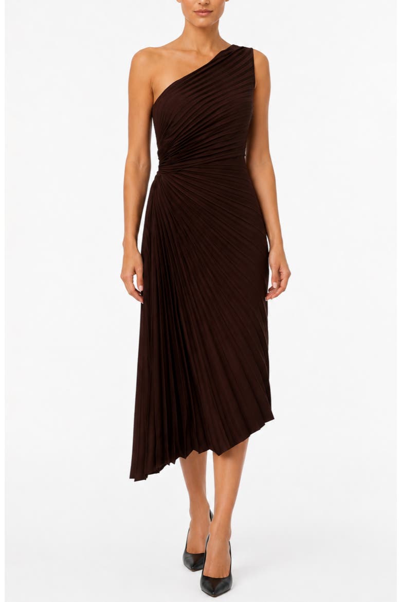 Satin Pleat One Shoulder Midi Dress, Alternate, color, CHOCOLATE