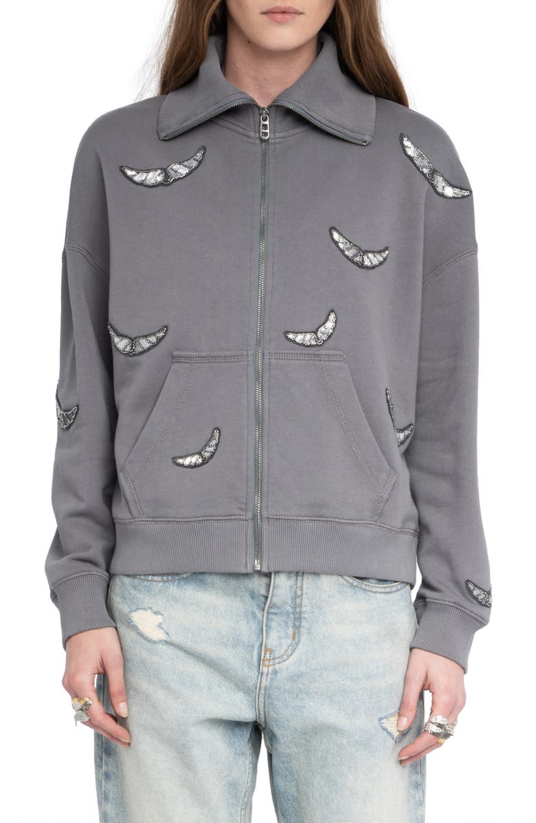 Zadig & Voltaire Milly Sequin Wings Zip-Up Cotton Fleece Jacket, Main, color, 