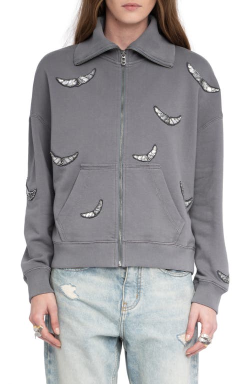Zadig & Voltaire Milly Sequin Wings Zip-up Cotton Fleece Jacket In Gray