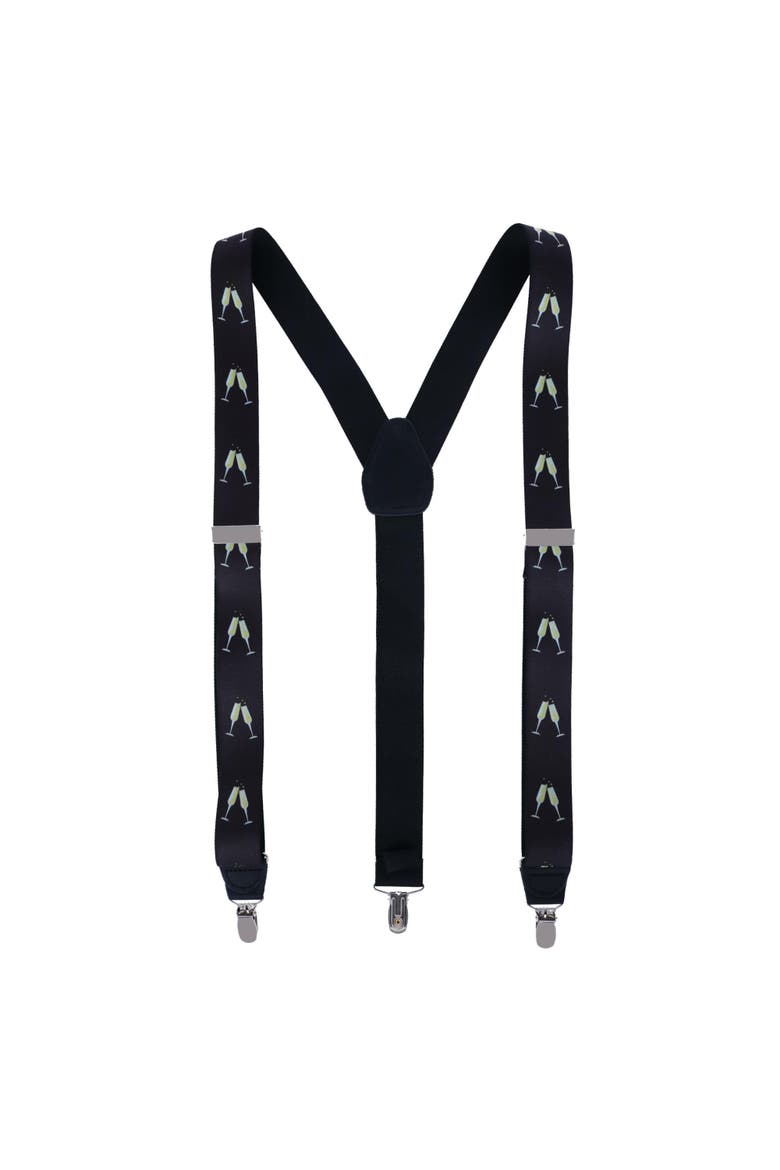 Champagne Bottle Print Clip End Suspenders, Main, color, Black