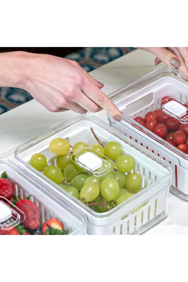 Clear Stackable Fridge Organizer Bin with Drain Basket and Vented Lid, 4 Pack, Alternate, color, Clear with White Drainer