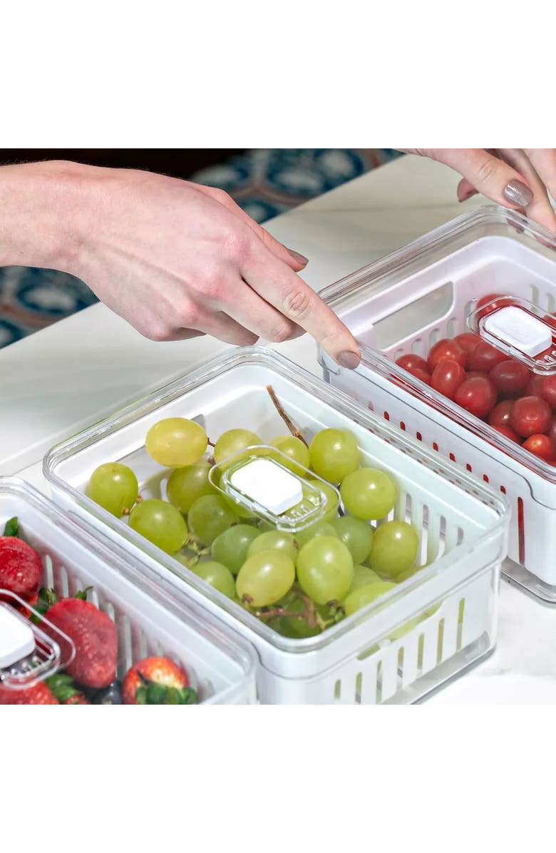 OU Clear Stackable Fridge Organizer Bin with Drain Basket and Vented Lid, 4 Pack, Alternate, color,