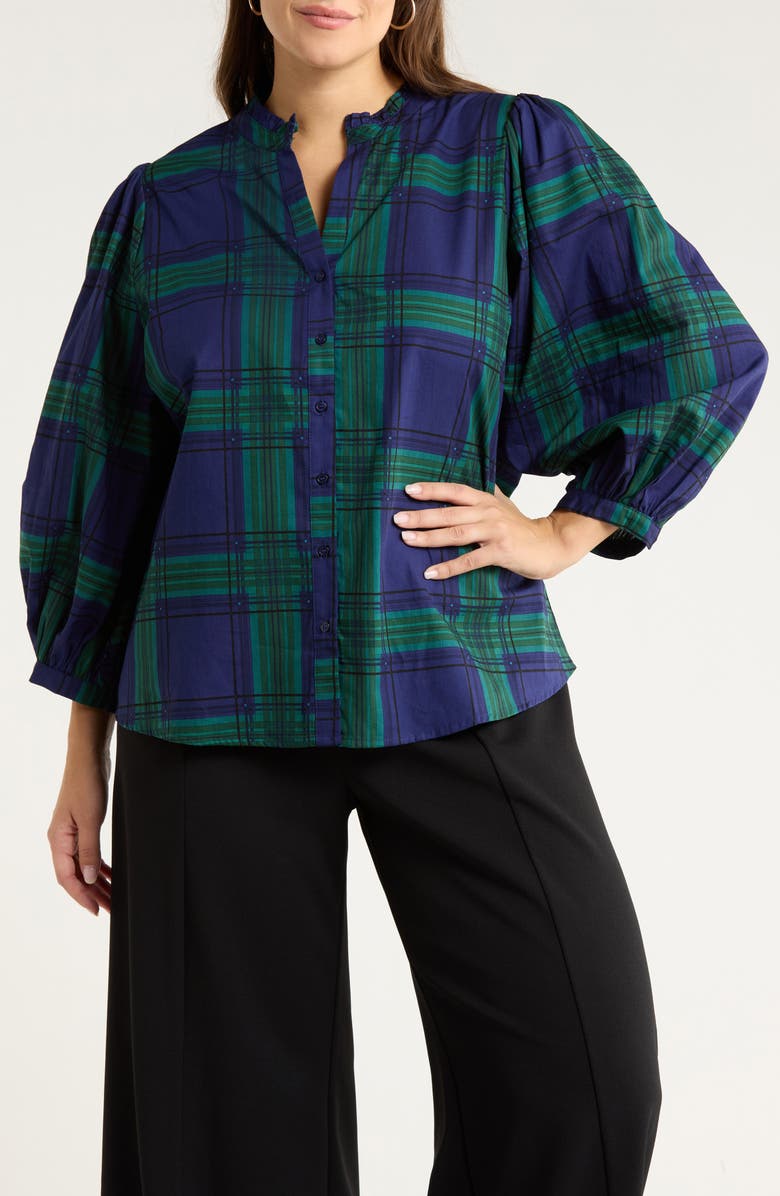 SUGARLIPS Ima Harrisville Plaid Button-Up Cotton Shirt, Main, color, Navy-Green