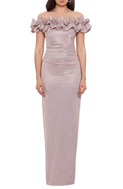 Glitter Ruffle Off the Shoulder Back Slit Gown