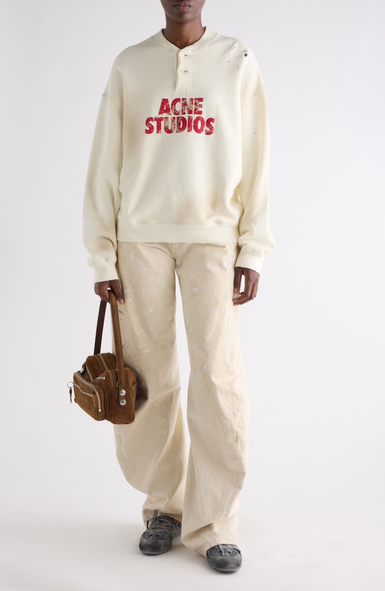 Acne Studios Logo Distressed Cotton Fleece Henley Sweatshirt, Alternate, color, Off White