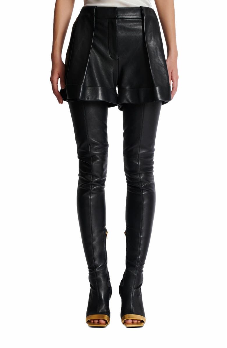 Balmain Pleated Lambskin Shorts, Alternate, color, Black