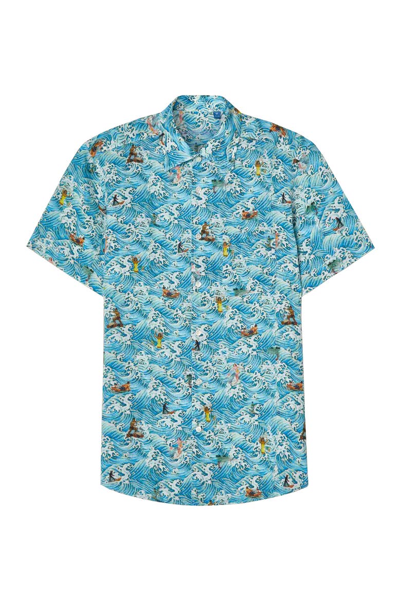 Morgan Surf Printed Linen Short Sleeve Shirt, Alternate, color, Blue Waves