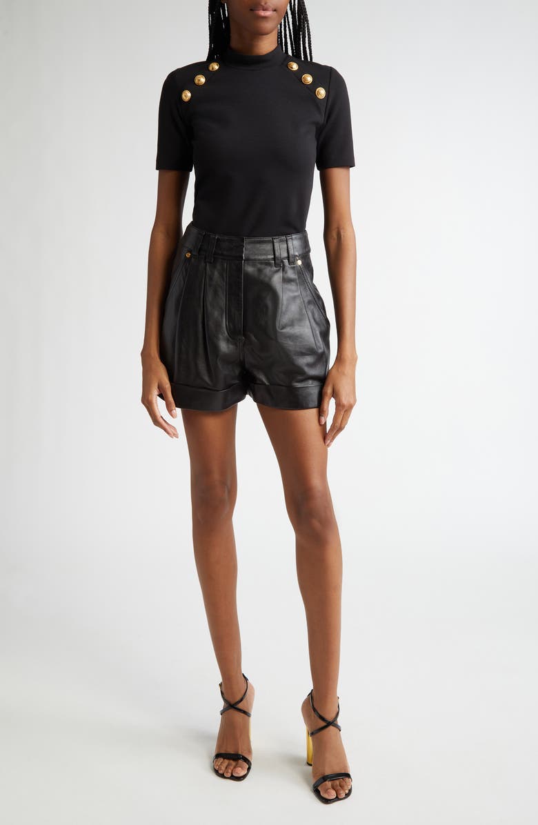 Balmain Six-Button Detail Mock Neck T-Shirt, Alternate, color, 0Pa Black