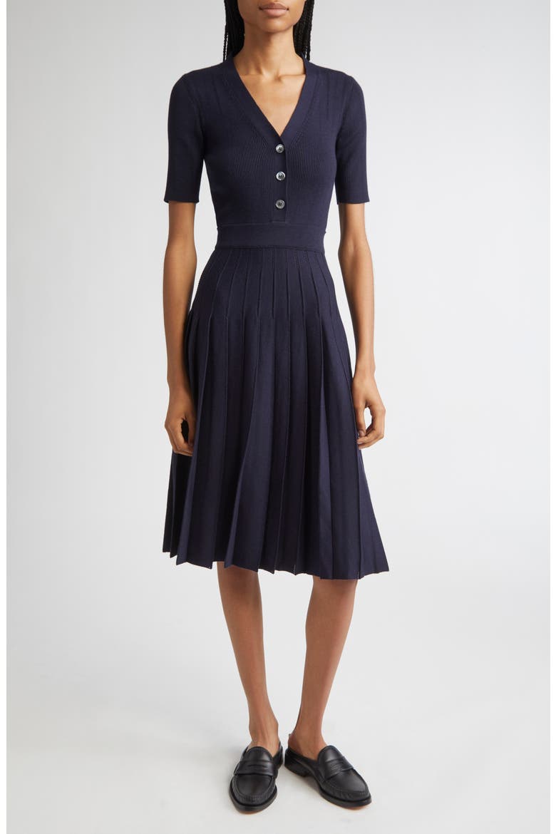 Mixed Stitch Wool & Silk Midi Dress, Main, color, NAVY