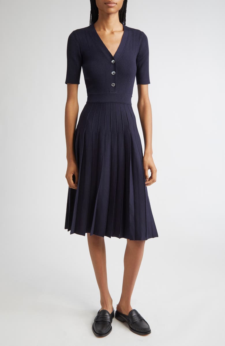 Thom Browne Mixed Stitch Wool & Silk Midi Dress, Main, color, Navy
