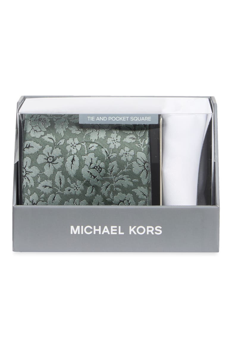 Poulsen Floral Tie & Pocket Square Set, Main, color, HUNTER
