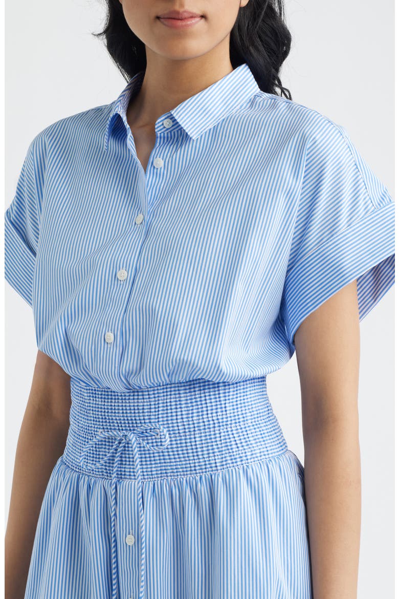 striped poplin smocked midi pocket dress Loft Striped Poplin Cutout Back Midi Pocket Dress Size XL Vineyard Green Women's