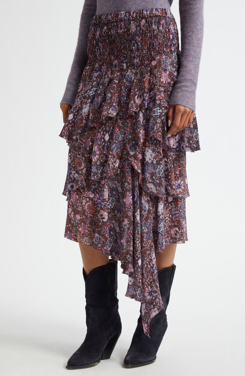 Isabel Marant Étoile Brigitte Smocked Waist Tiered Chiffon Midi Skirt, Alternate, color, Plum