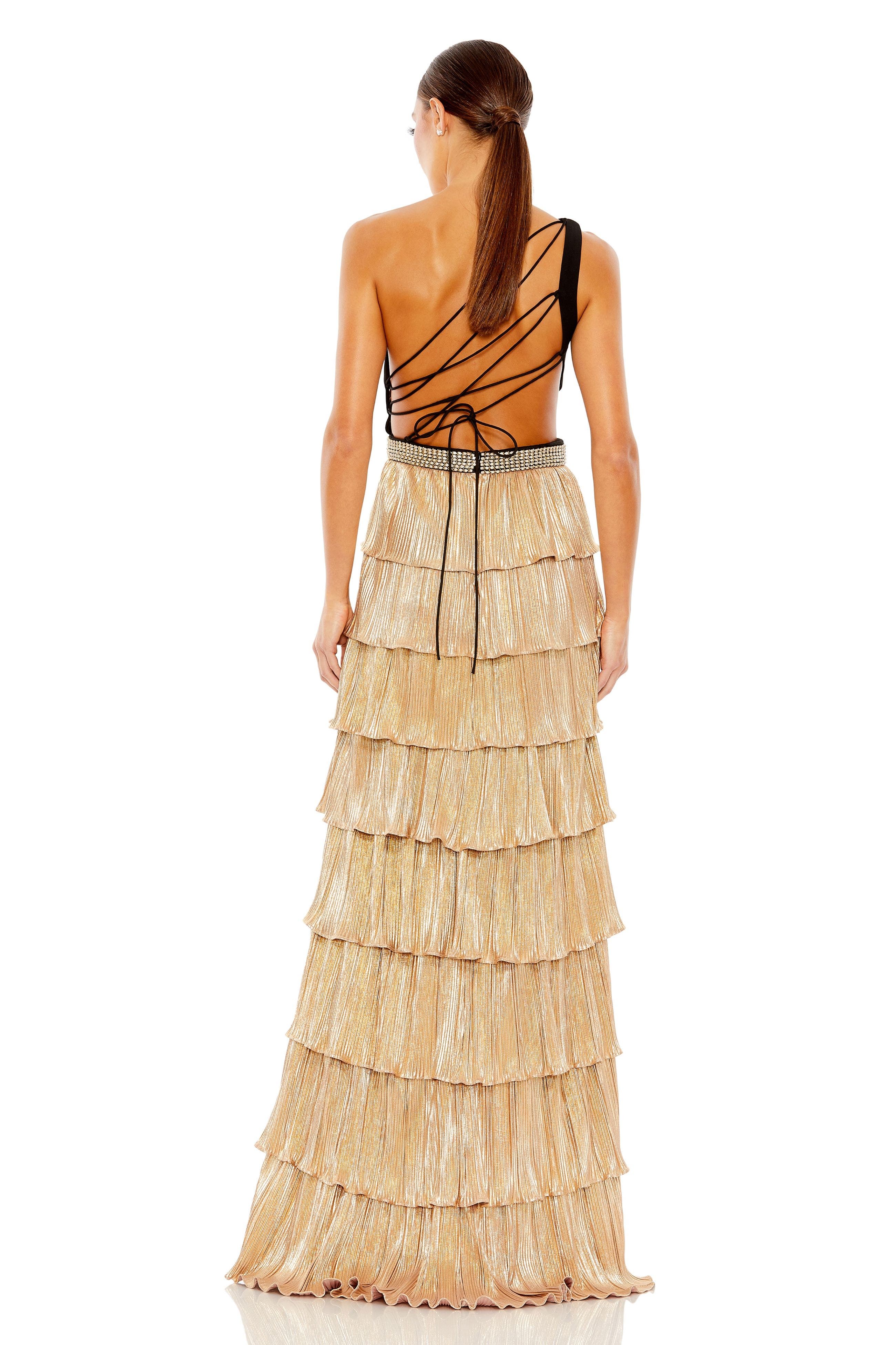 Metallic One Shoulder Ruffle Tiered Gown - image 2