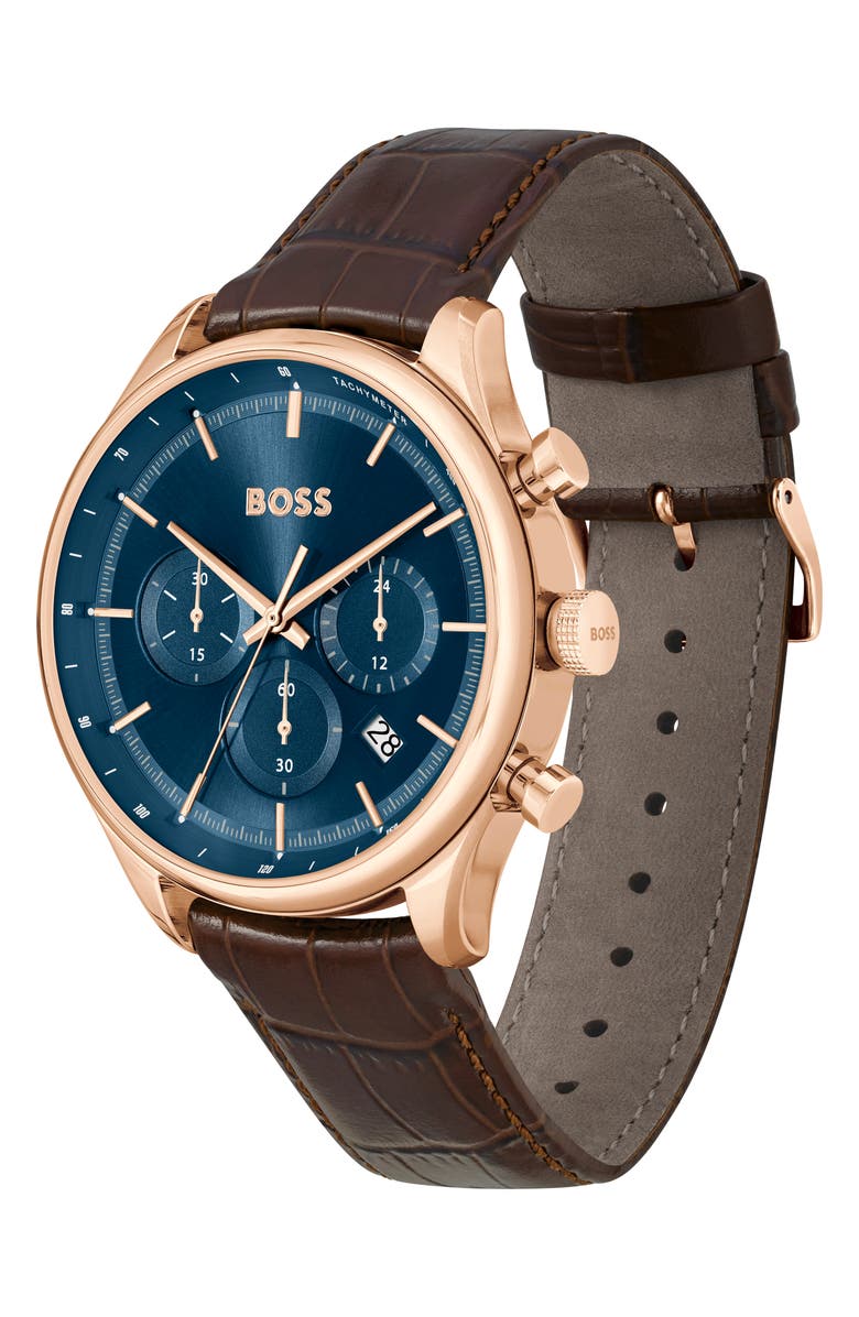 BOSS Gregor Chronograph Leather Strap Watch, 45mm, Alternate, color, Blue Sunray
