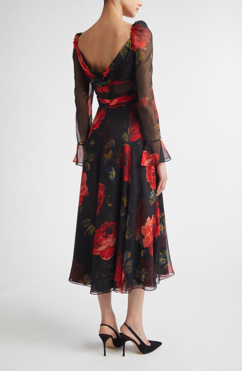 Carolina Herrera Rose Print Long Sleeve Cross Front Silk Chiffon Midi Dress, Alternate, color, Black Multi