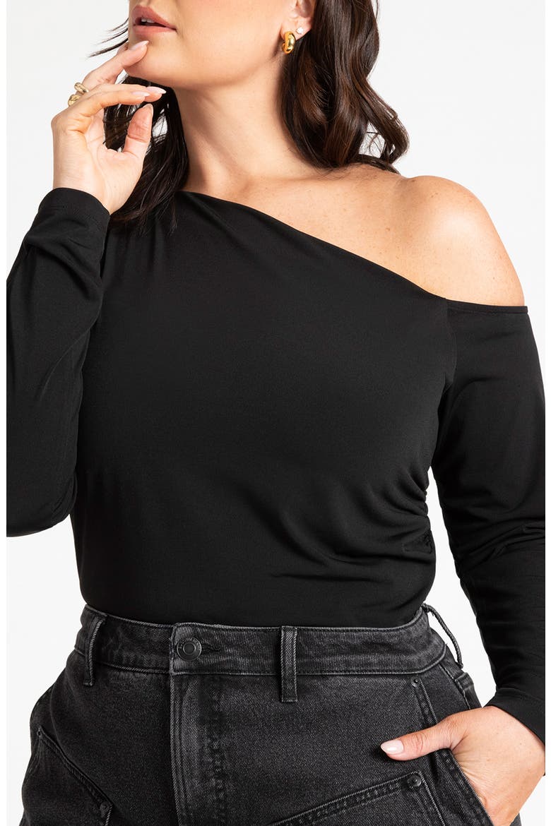 Ruched One-Shoulder Long Sleeve Knit Top, Alternate, color, BLACK ONYX