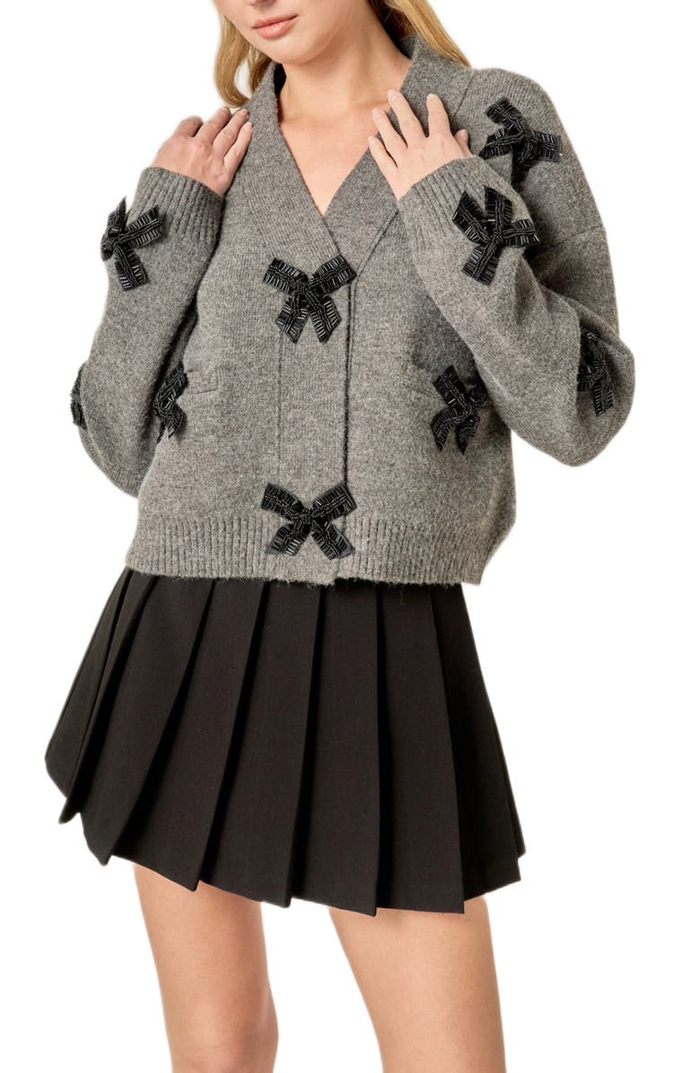 English Factory Beaded Bow Oversize Cardigan, Alternate, color, Charcoal