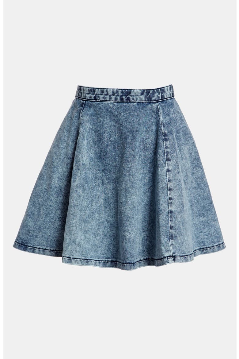 Moto Acid Wash Denim Skater Skirt, Main, color, MID DENIM