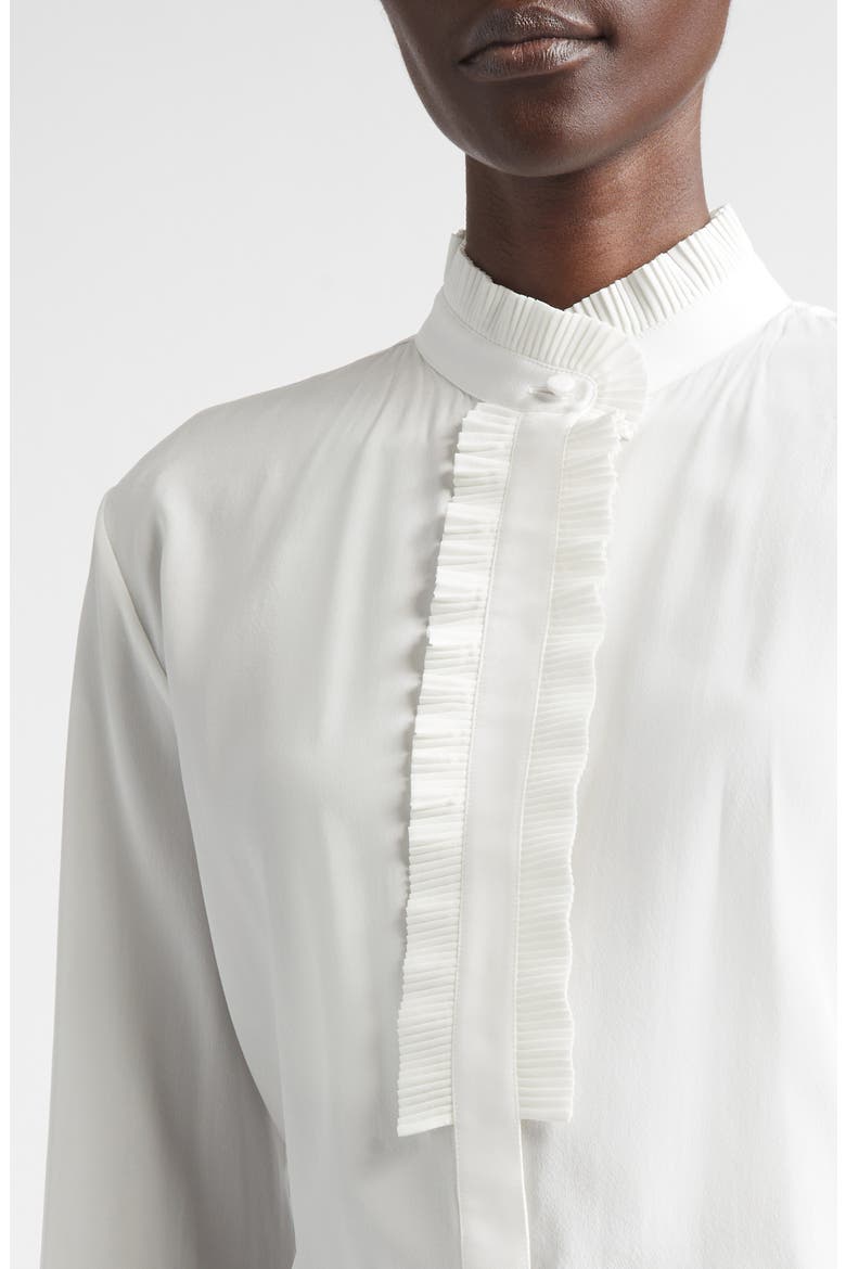 Plissé Ruffle Silk Crêpe de Chine Button-Up Shirt, Alternate, color, OFF WHITE