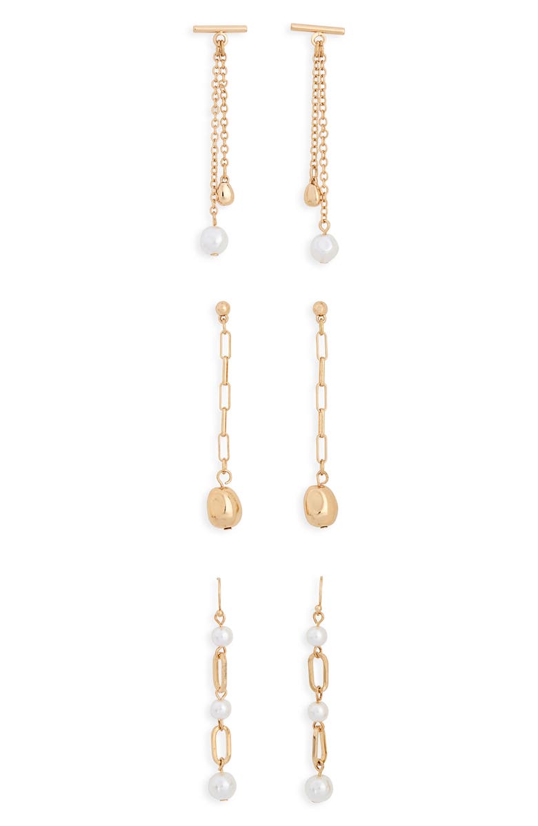 NORDSTROM RACK Set of Three Chain & Faux Pearl Drop Earrings, Main, color, 