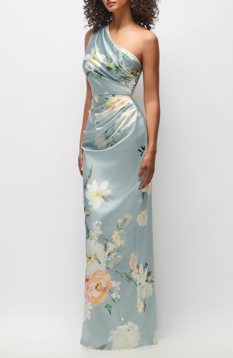 After Six Malin Floral One-Shoulder Satin Charmeuse Gown, Alternate, color, Mist Multi