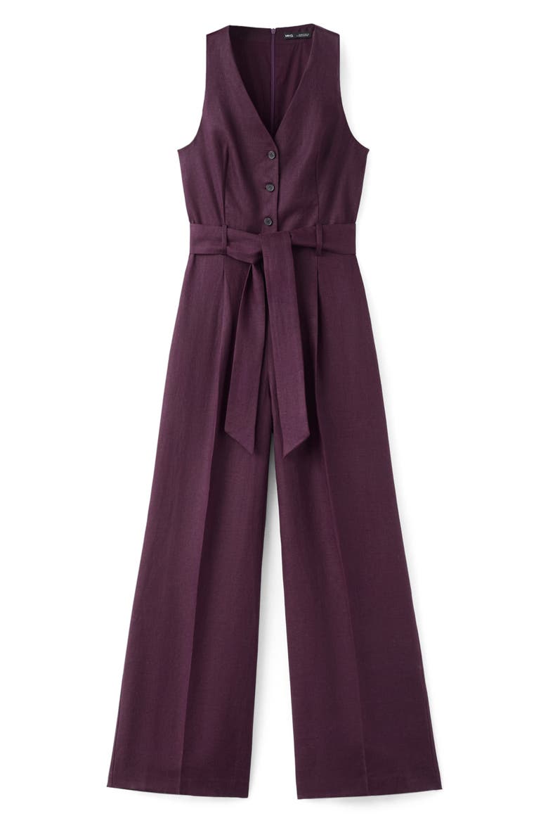 Sleeveless Belted Linen Jumpsuit, Main, color, BLACKBERRY