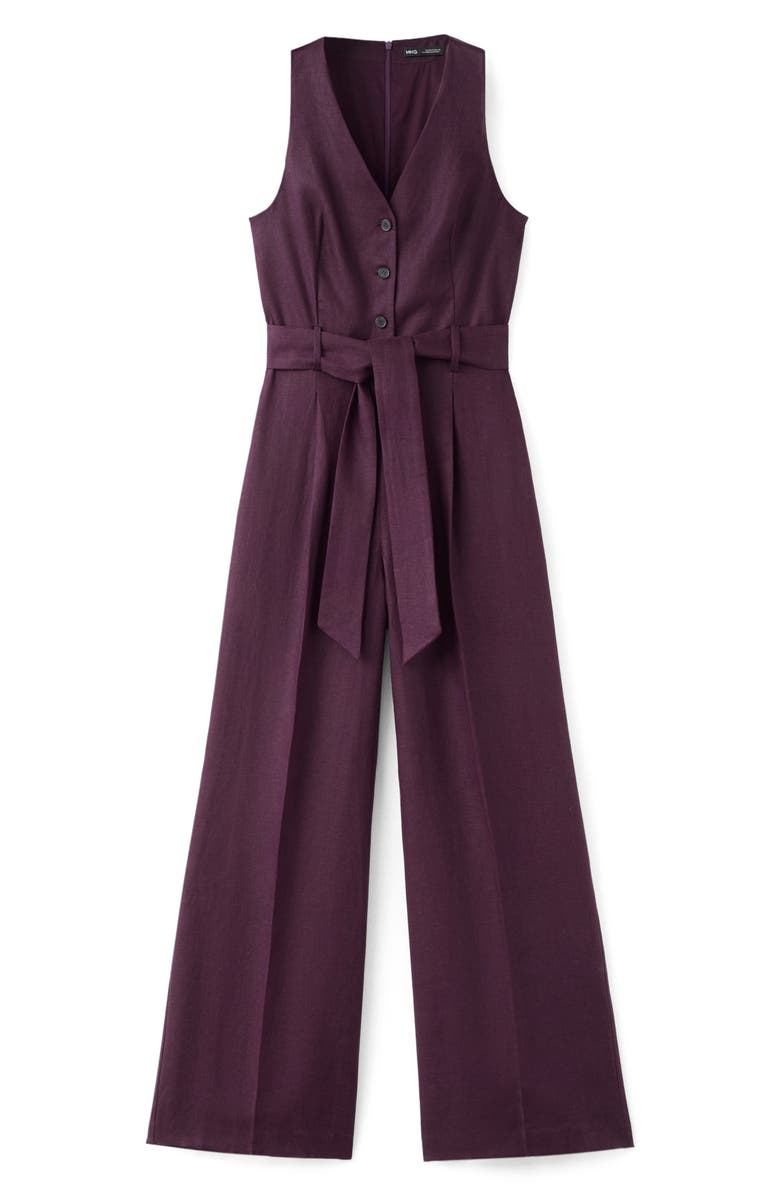 MANGO Sleeveless Belted Linen Jumpsuit, Main, color, Blackberry