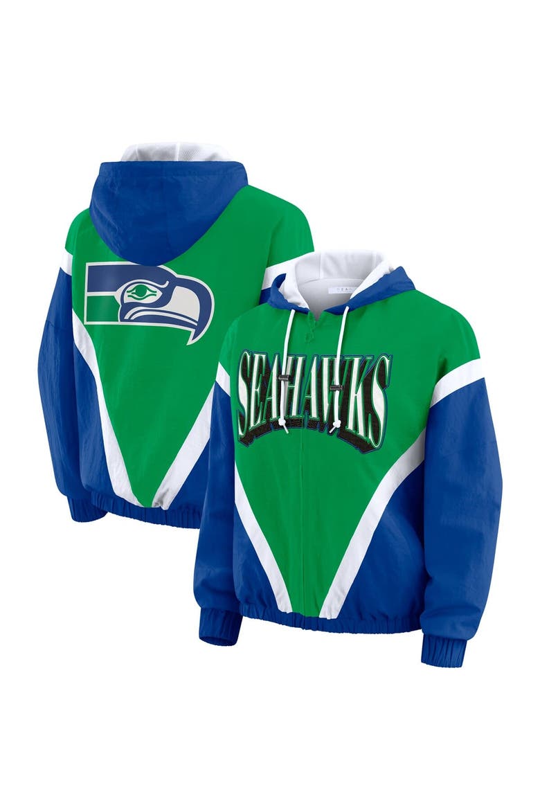 Women's WEAR by Erin Andrews Kelly Green/Royal Seattle Seahawks Plus Size Retro Crinkle Full-Zip Hoodie Windbreaker Jacket, Main, color, Kelly Green