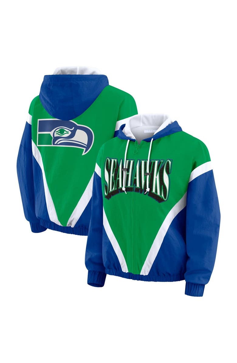 WEAR by Erin Andrews Women's WEAR by Erin Andrews Kelly Green/Royal Seattle Seahawks Plus Size Retro Crinkle Full-Zip Hoodie Windbreaker Jacket, Main, color, Kelly Green