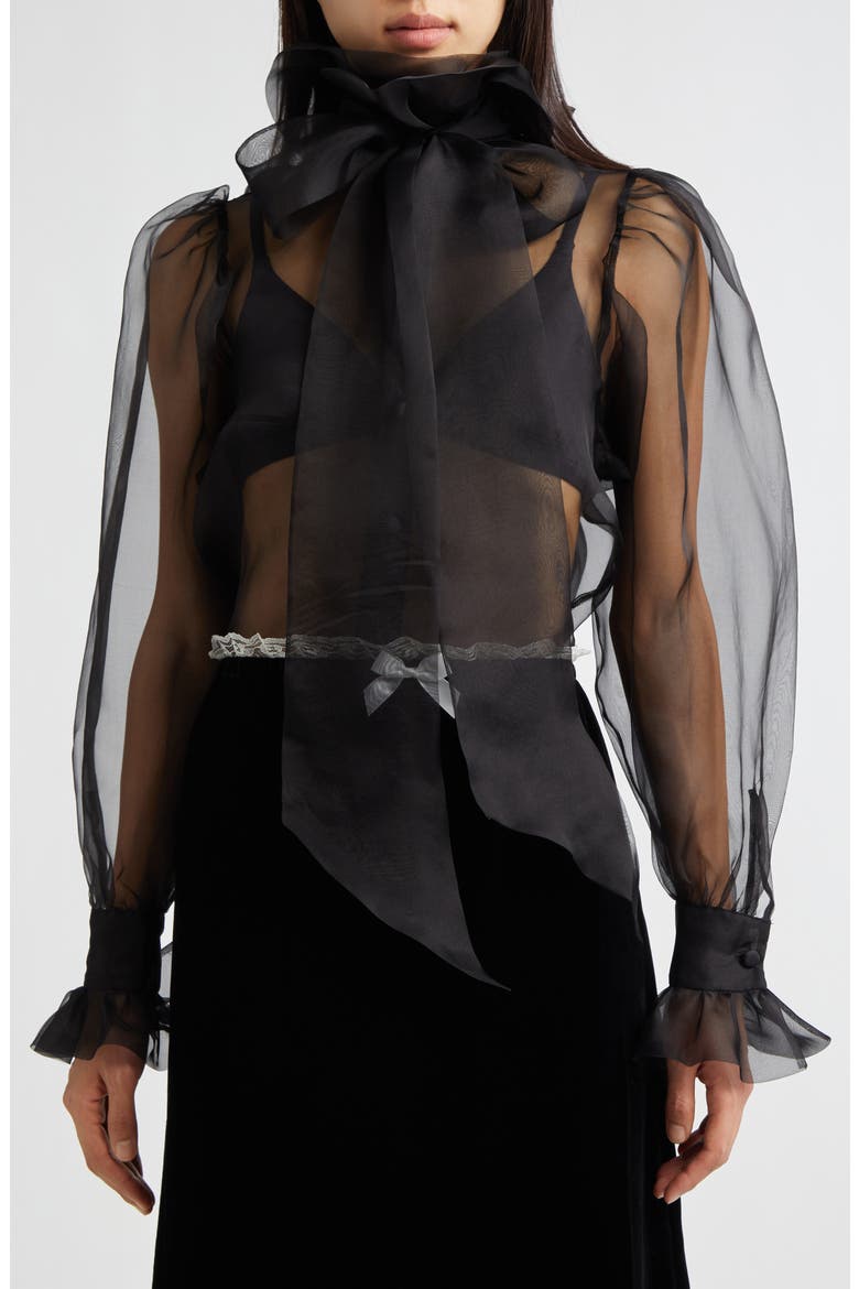 Gender Inclusive Simone Pussy Bow Sheer Silk Organza Shirt, Alternate, color, BLACK
