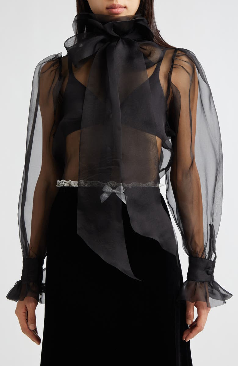 Tanner Fletcher Gender Inclusive Simone Pussy Bow Sheer Silk Organza Shirt, Alternate, color, Black