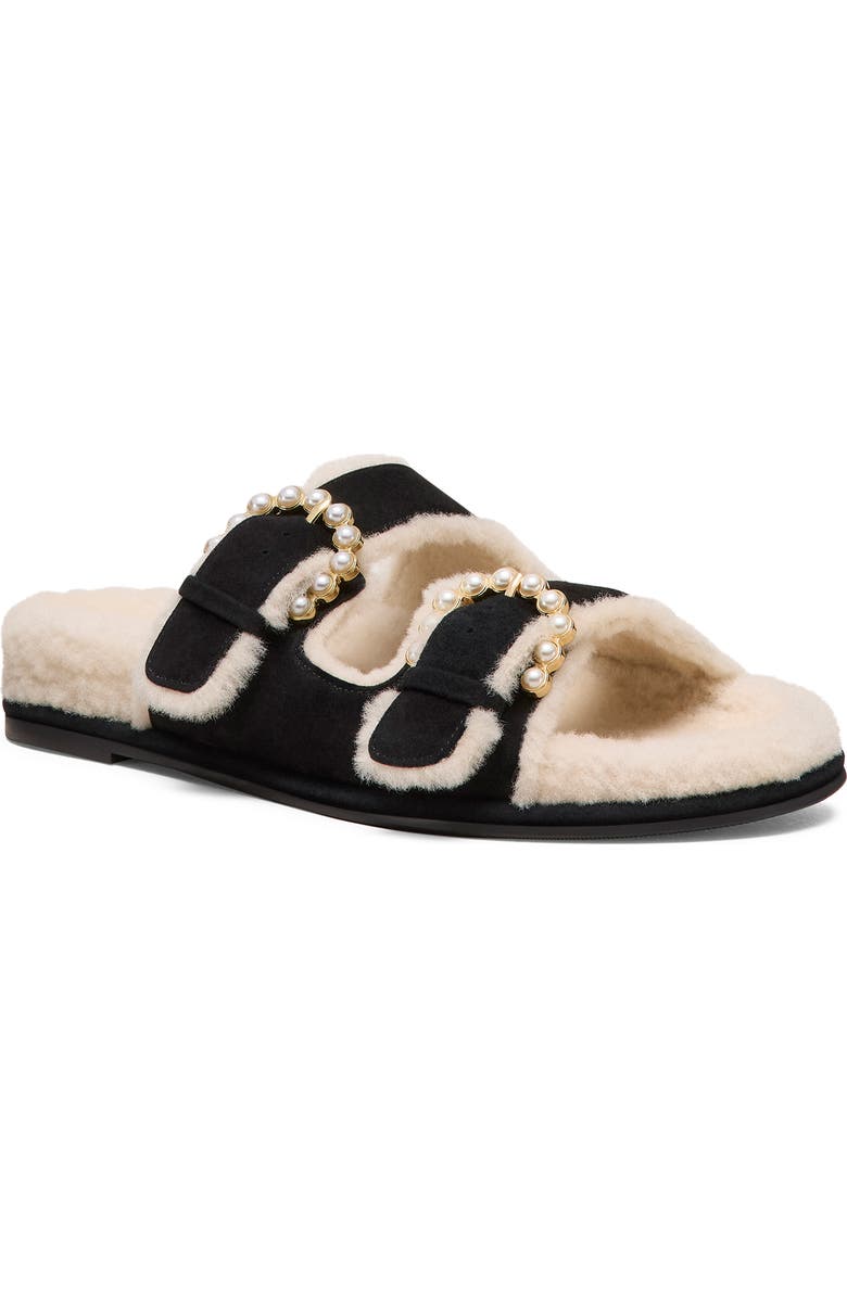 Stuart Weitzman Piper Genuine Shearling Slide Sandal, Main, color, Black/ Natural