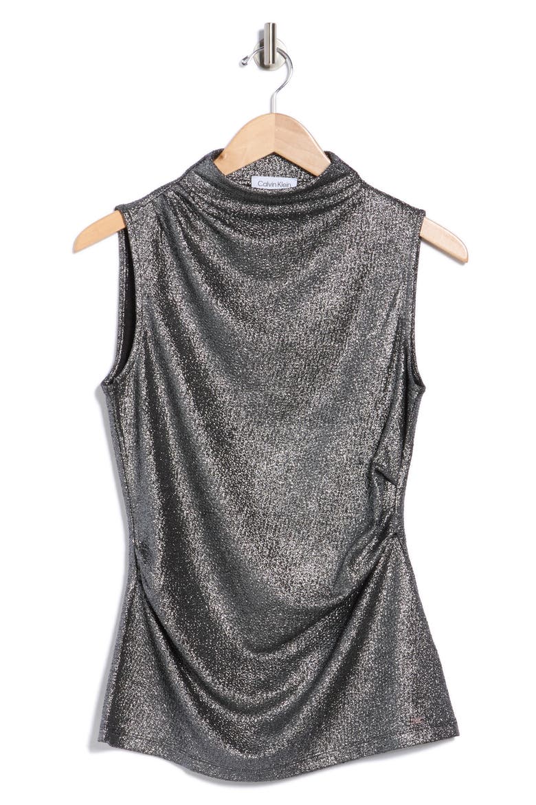 Shine Mock Neck Ruched Top, Alternate, color, BLACK/ SILVER
