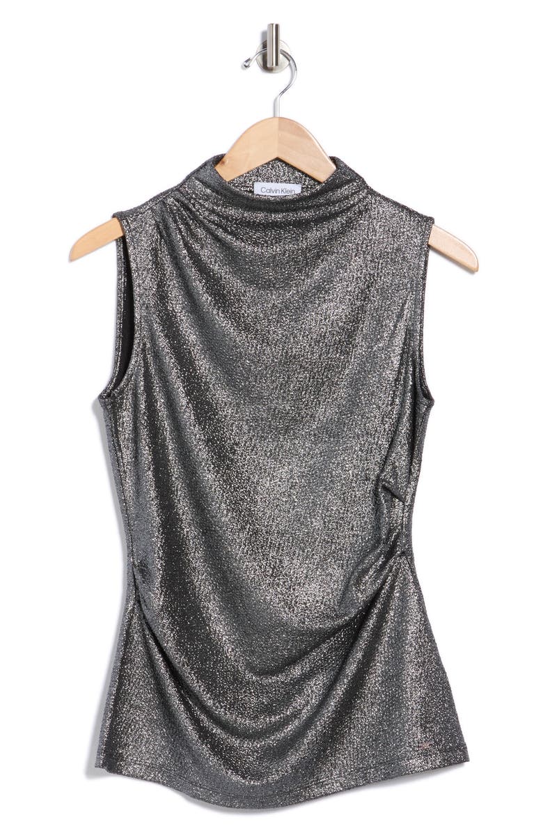 Calvin Klein Shine Mock Neck Ruched Top, Alternate, color, Black/ Silver