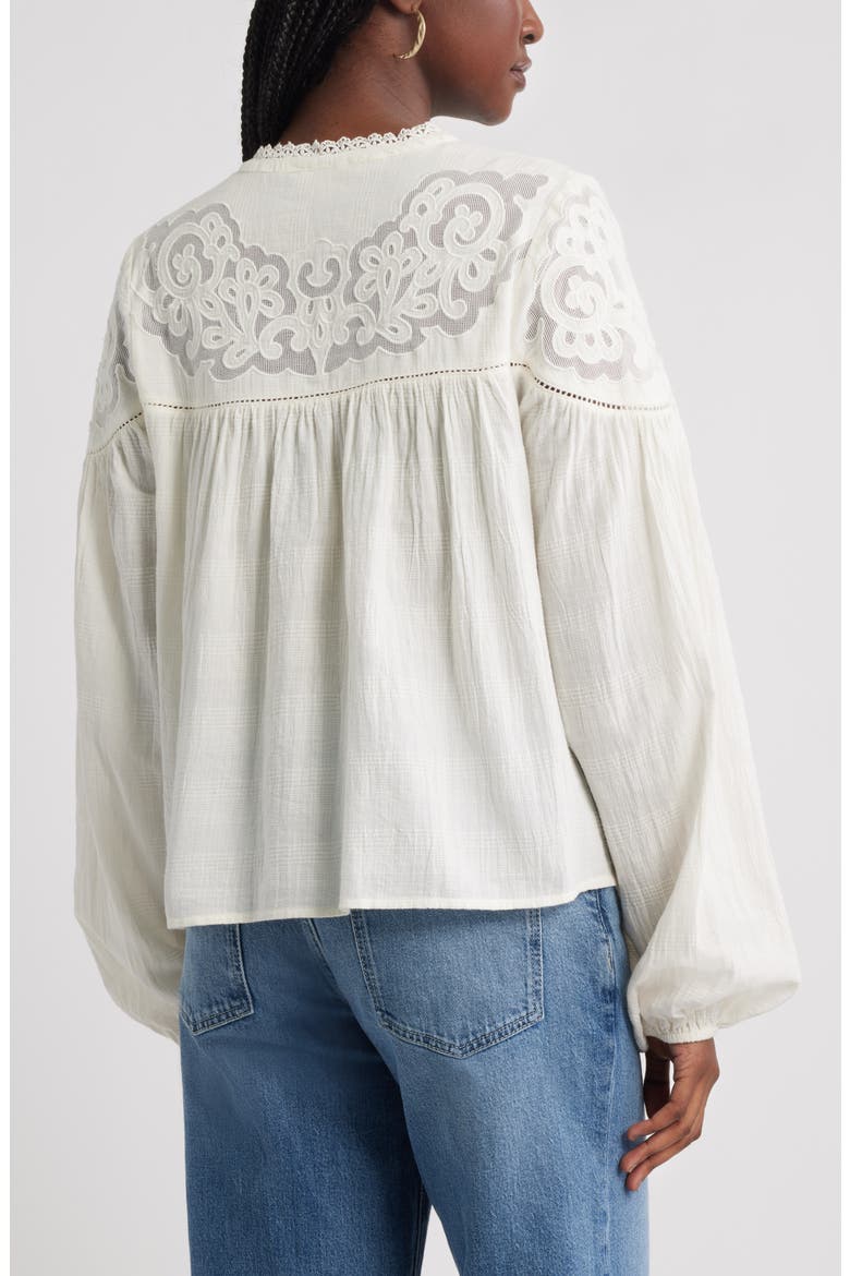 Appliqué Yoke Balloon Sleeve Cotton Top, Alternate, color, IVORY EGRET