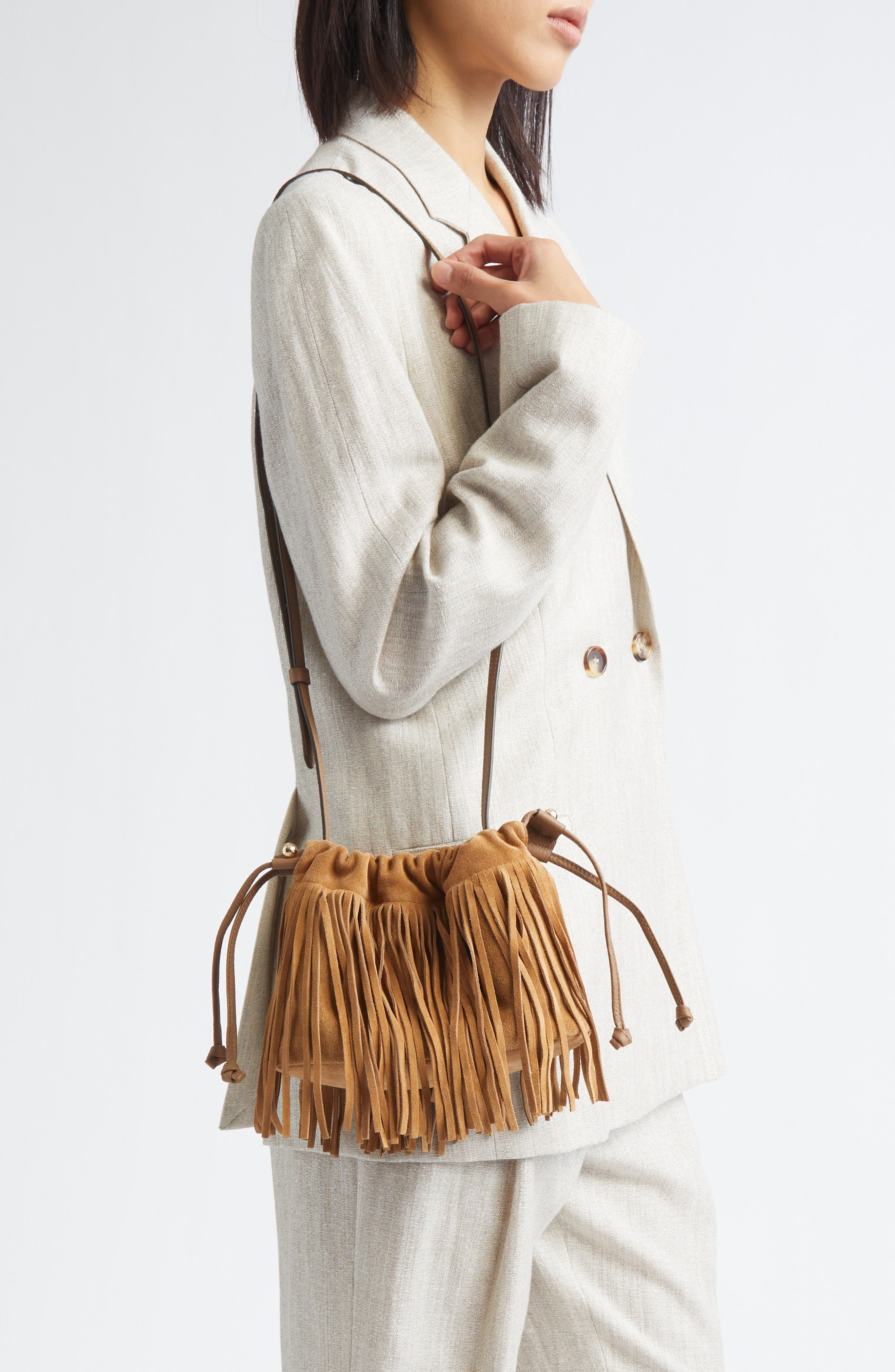 Strathberry x Cinq à Sept Drawstring Fringe Suede Crossbody Bag, Alternate, color, 